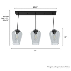 Vidria Smoked Glass 3 Light Linear Pendant Cluster