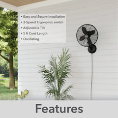 Oscillating Wall Mounted Fan 16 inch 3 speeds