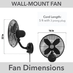 Oscillating Wall Mounted Fan 16 inch 3 speeds
